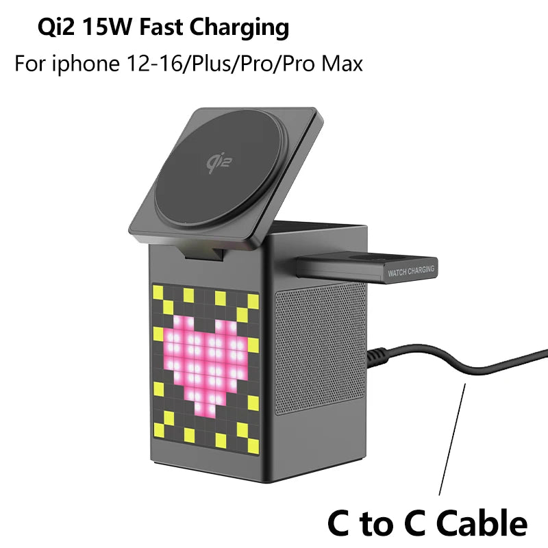 Qi2 3 in 1 Wireless Charger With Bluetooth Speaker For iPhone 17 16 15 14 13 12 Fast Charging Station For Apple Watch 10 9 8 7 6