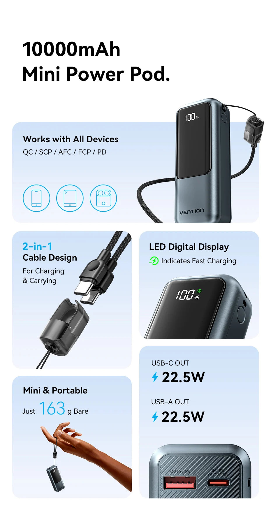 Vention 10000mAh Mini Power Bank 22.5w Portable Charger Built-in USB C Cable PD 3.0 Fast Charging for iPhone 17 Samsung S25 S24
