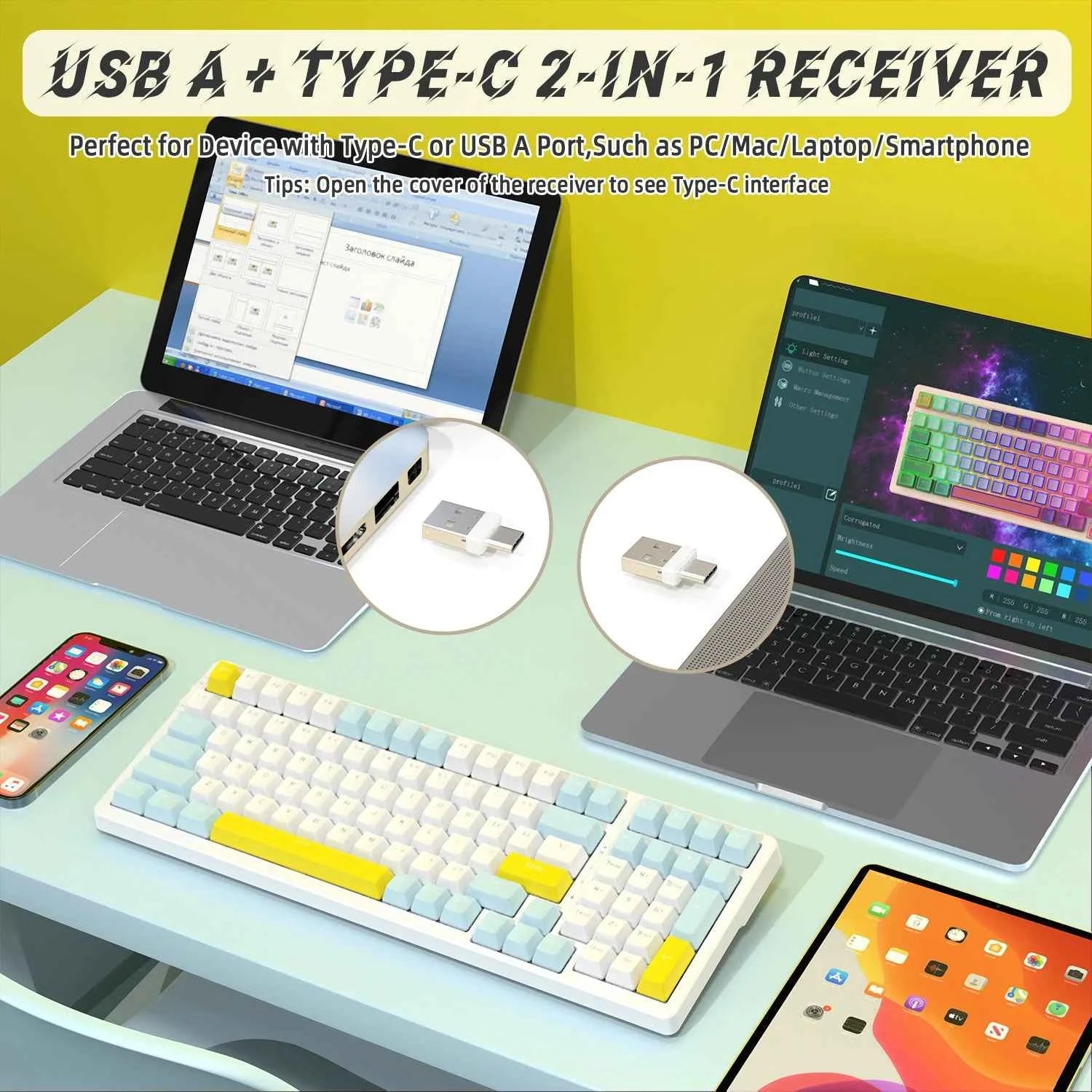 K96 Wireless Mechanical Keyboard, Dual Mode 2.4G/BT5.0 2-in-1 Receiver, 100 Keys Hot Swappable Red Switches Gamin