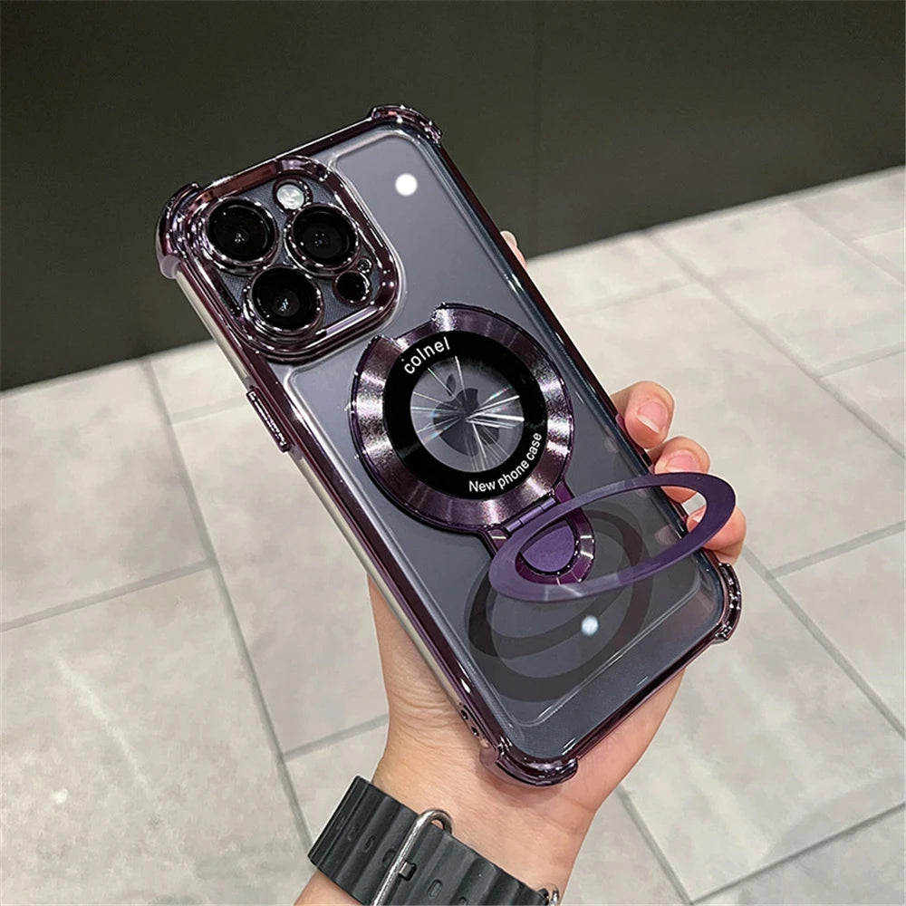 Luxury Plating Shockproof Magnetic Bracket For Magsafe Clear Case For iPhone 17 15 16 14 13 12 11Pro Max With Holder Stand Cover