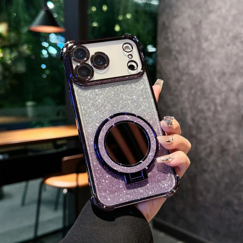 Plating Four Corner Shockproof Gradient Glitter TPU Makeup Mirror Holder Phone Case For iPhone 17 Pro Max/17/17 Pro Bumper Cover