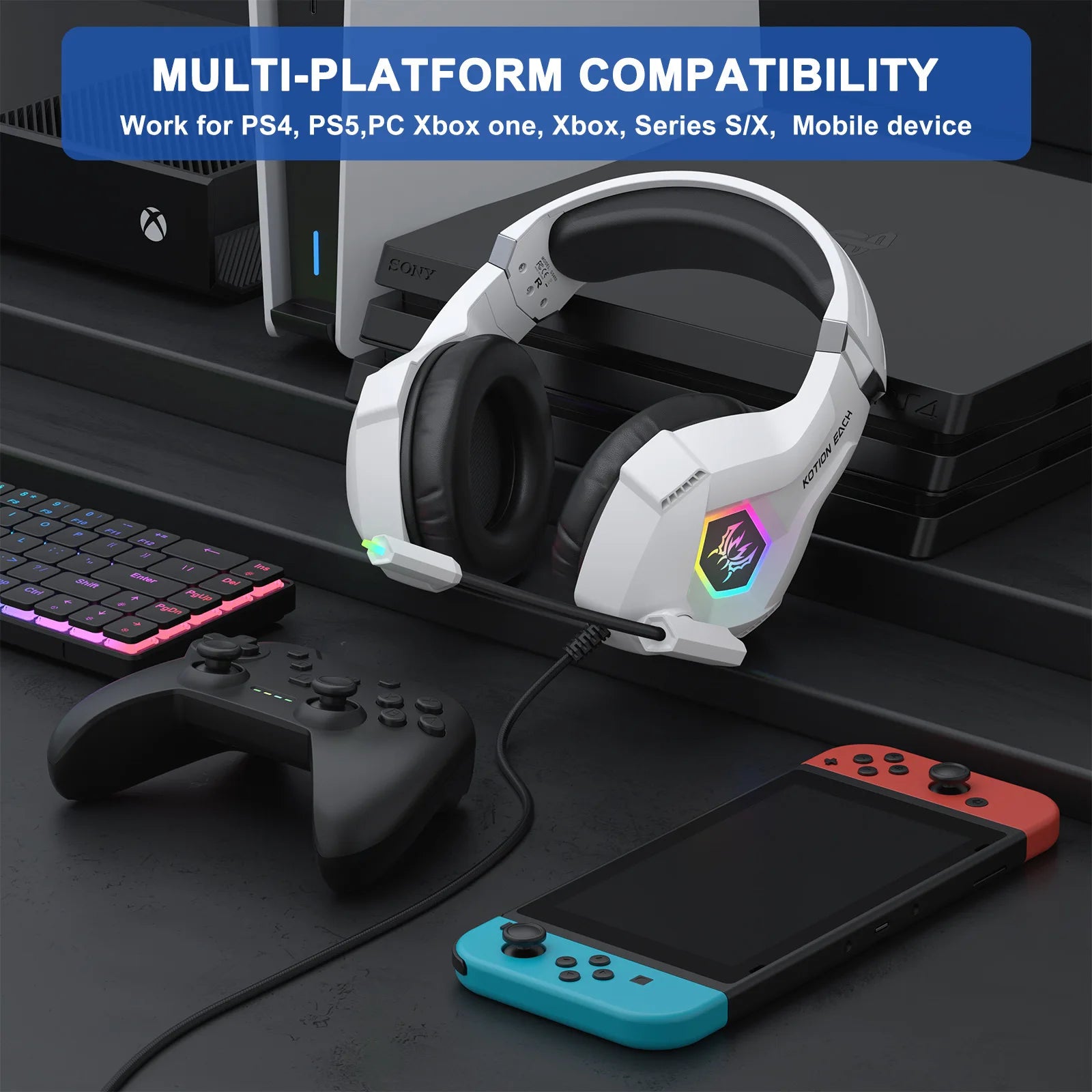 GS450 Head Mounted Esports Earphones, 50mm jack adjustable headband to adapt to different head circumferences, noise cancelling microphone for virtual surround sound, compatible with PC/PS5/Switch/mobile phone for esports, li