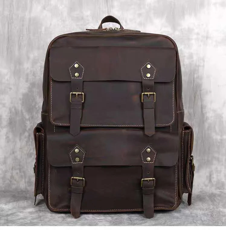 Vintage Crazy Horse Genuine Leather Backpack Men Bagpack Cowhide Hiking Backpack 17