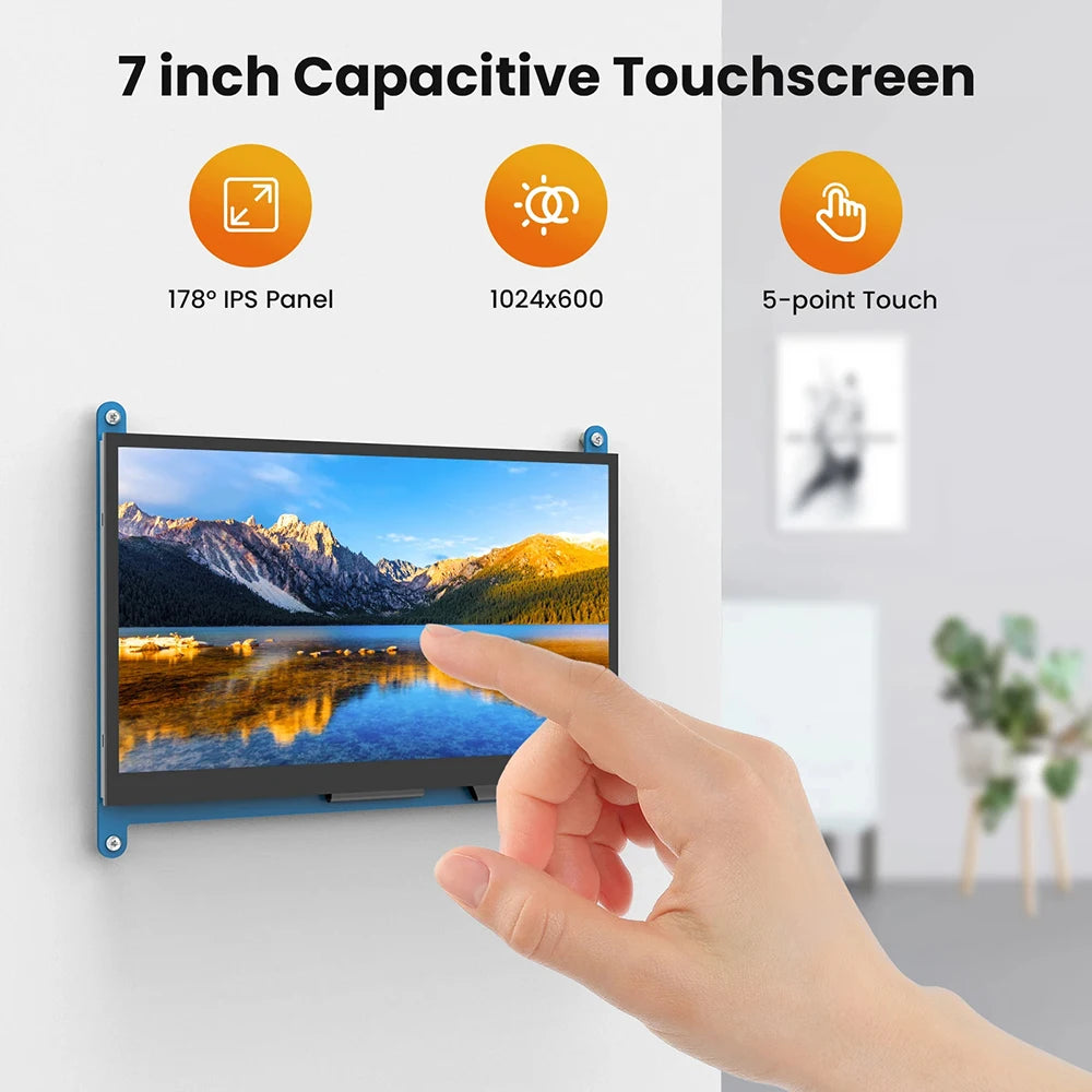 Driver-free Raspberry Pi Monitor 7-inch 1024x600 HD IPS Touchscreen 5-point Capacitive Touch Display for Raspberry Pi 4/3/2/1/3B+/BB, Second Screen for Banana Pi, Support Windows 11/10/8/7