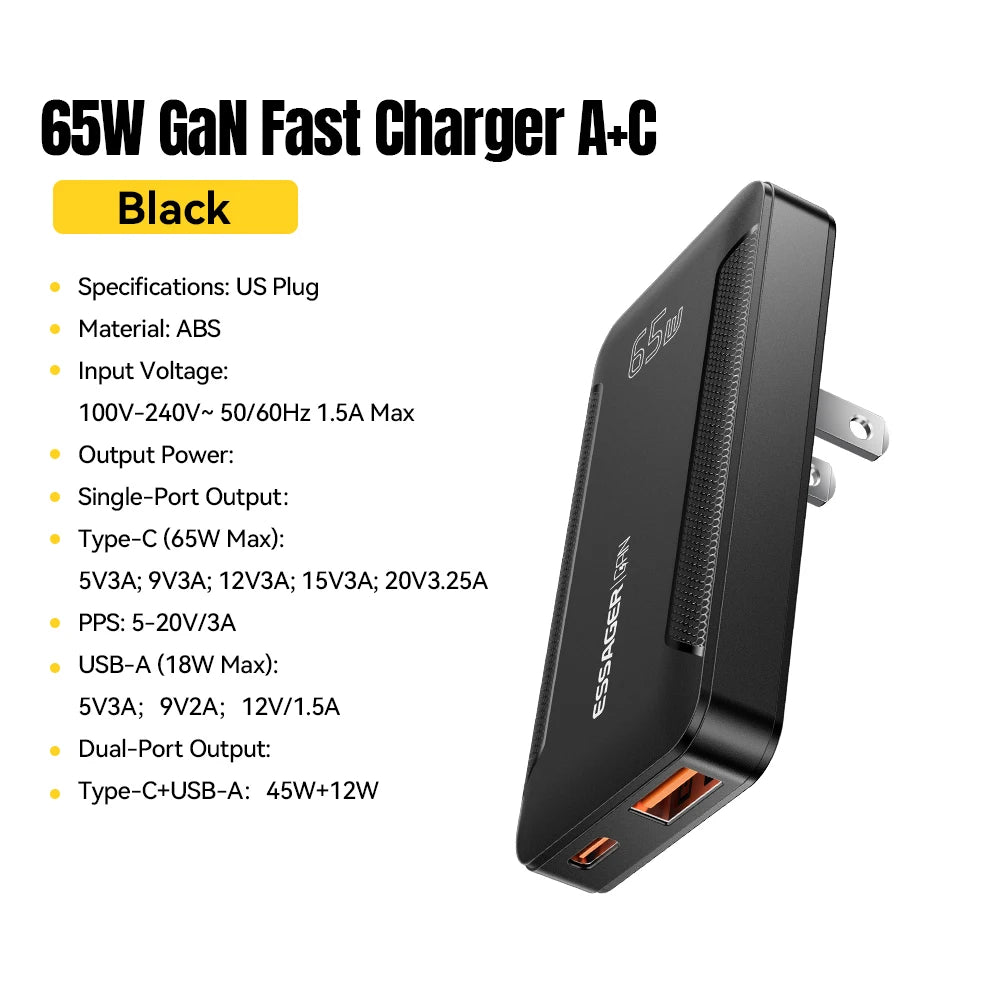 Essager Ultra Thin 65W GaN pro Travel Charger Quick Charge 4.0 PD3.0 Portable Type-C for iPhone 17 16 15Samsung MacBook Laptop