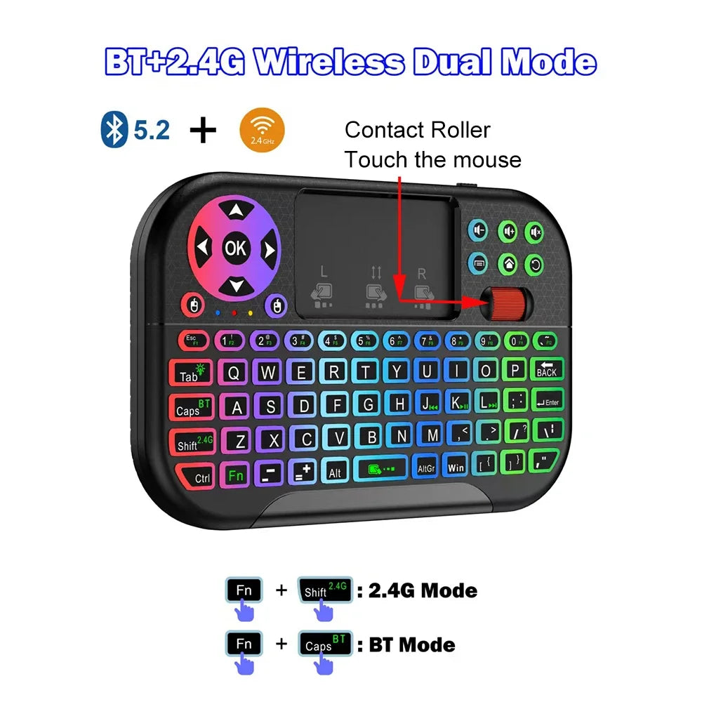 KEBIDUMEI Mini Wireless Keyboard with Scroll Wheel Touchpad  8 Color Backlit BT 2.4G Dual Mode Air Mouse Remote for PC TV Box