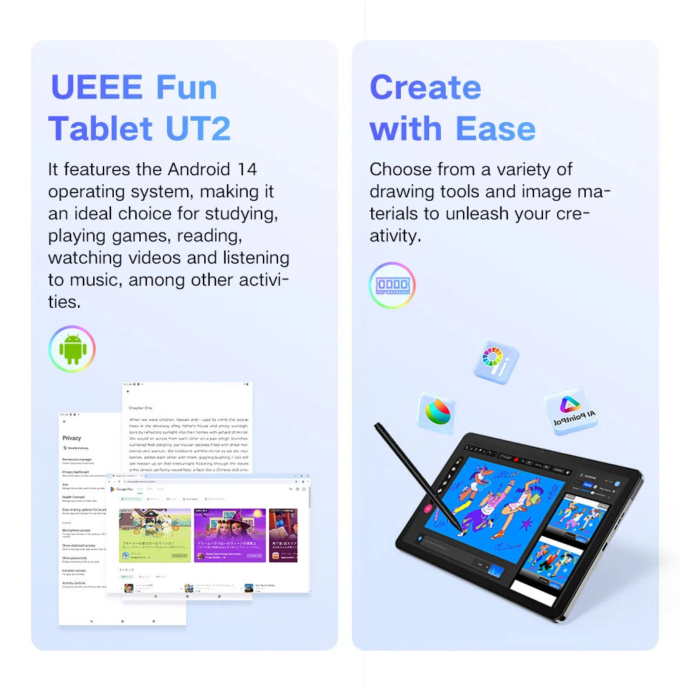 UGEE UT2 Fun Drawing Pad 6GB+128GB Full-Laminated Screen 2K Ultra HD Android 14 Tablet Drawing 7000mAh+18W 10.36 inch with Pen