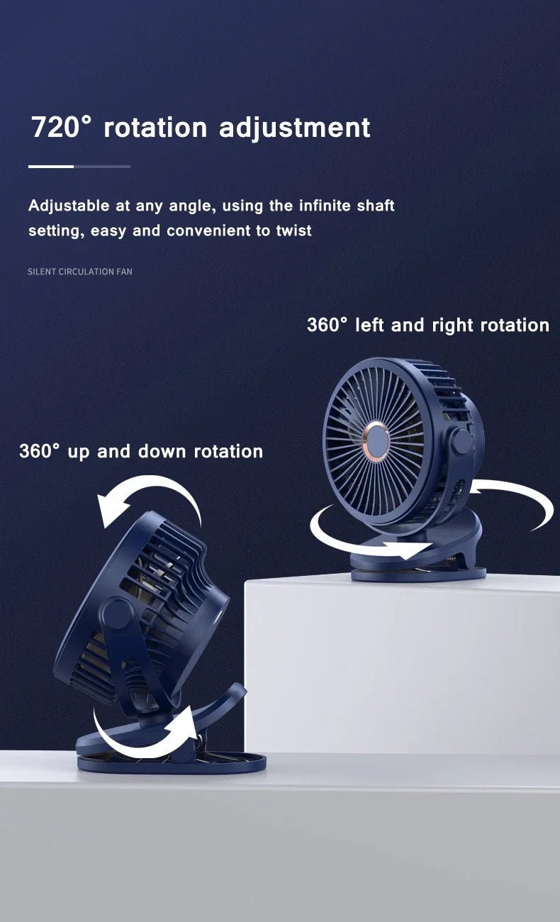 Mini 10000mAh Chargeable Clipped Fan 360° Rotation 4-speed Wind USB Desktop Ventilator Silent Air Conditioner for Bedroom Office