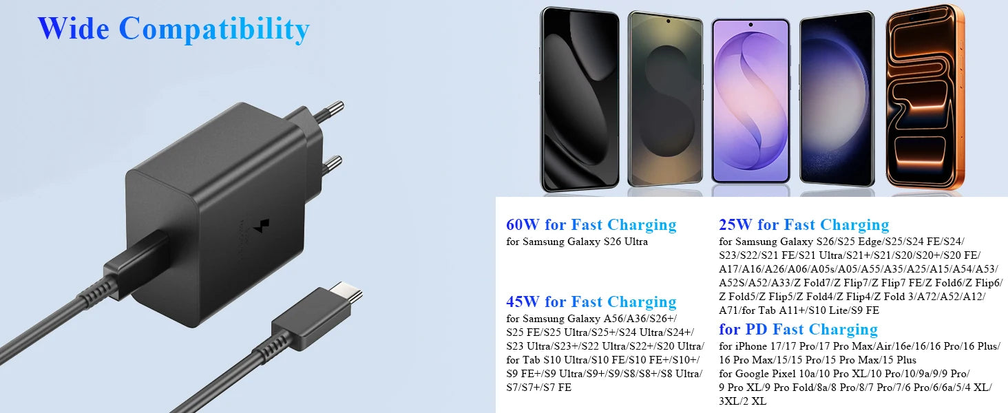 Samsung S26 Ultra original 60W Charger PD Type C Adapter EU Plug Fast Charge Samsung S25+ S25 S24 S23 S22 Ultra A57 Tab S10 S9