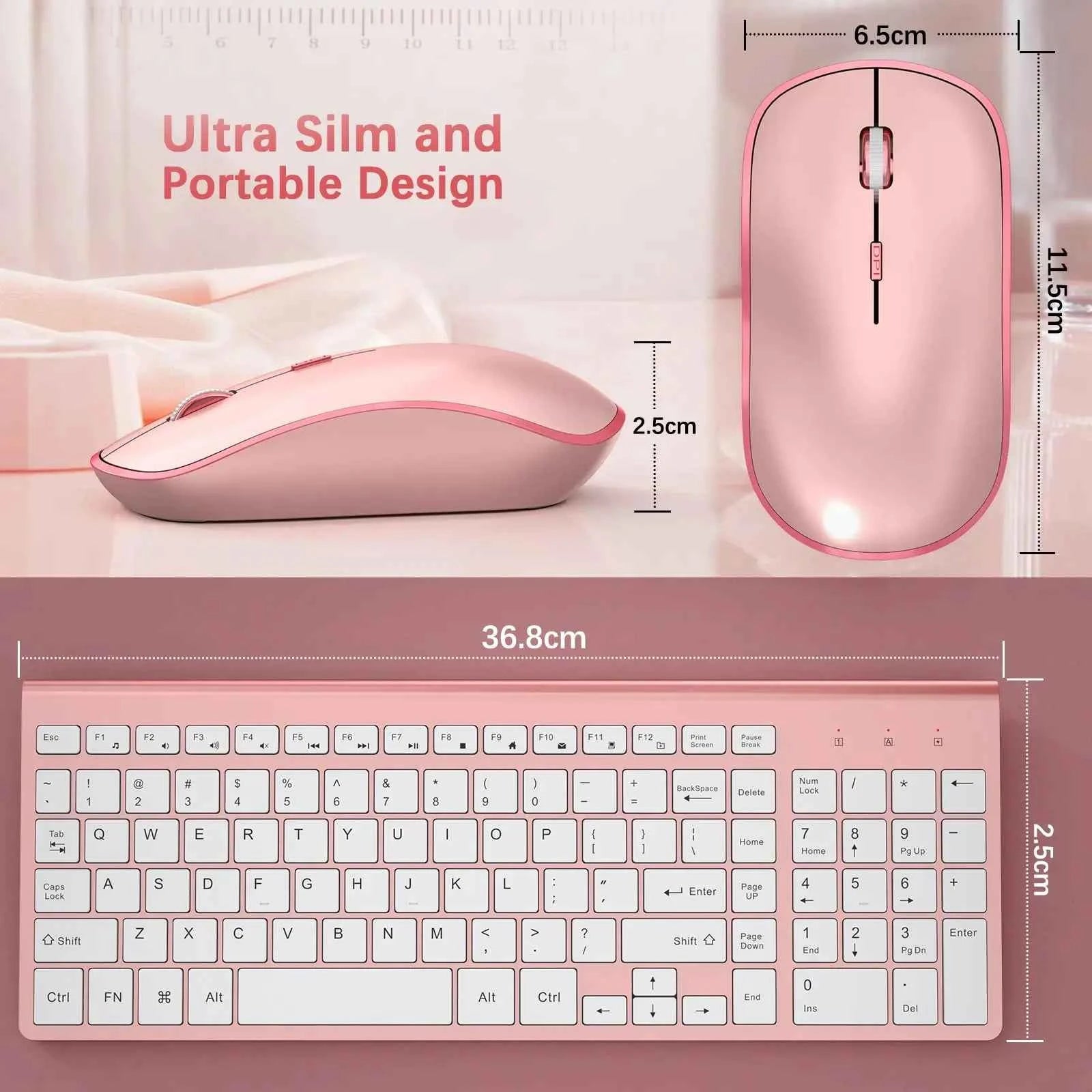 Wireless Keyboard and Mouse,2.4G Full Size and Portable Wireless Keyboard with Numeric Keyboard or Computer/Desktop/Laptop--Pink