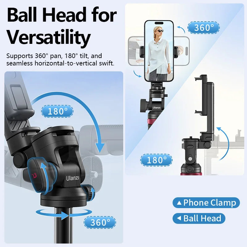 Ulanzi MT-78 1.85M Quick Release Tripod with Remote Phone Holder Cold Shoe Mount 1/4'' for Phone Camera Video Light Flash Mic