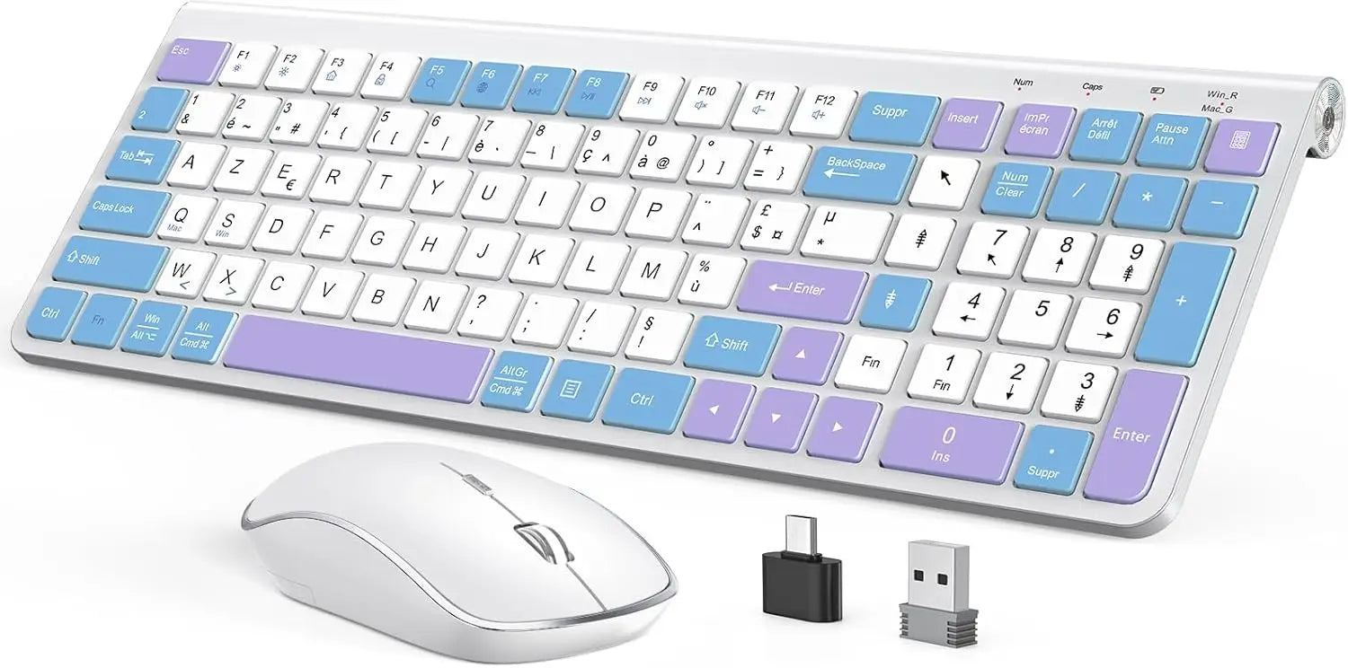 Ergonomic wireless keyboard and mouse, ultra-thin and compact design French AZERTY/ American QWERTY quiet,USB-A and USB-C ports.