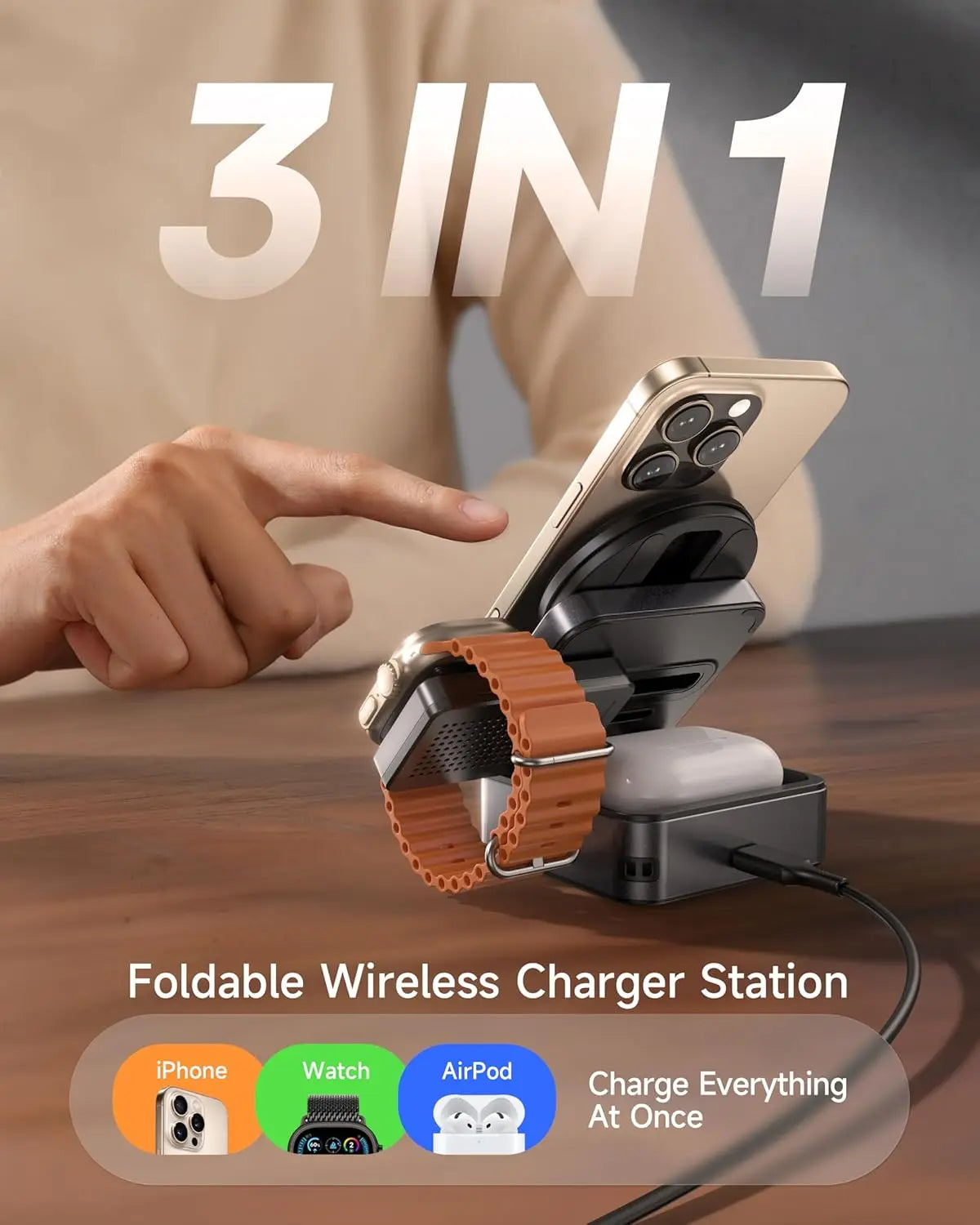 3-in-1 Foldable Magnetic Wireless Charging Station, Qi2 Certified 15W Travel Charger for iPhone 16/15/14/13/12 Series, Apple Watch, AirPods, 30W Adapter Included
