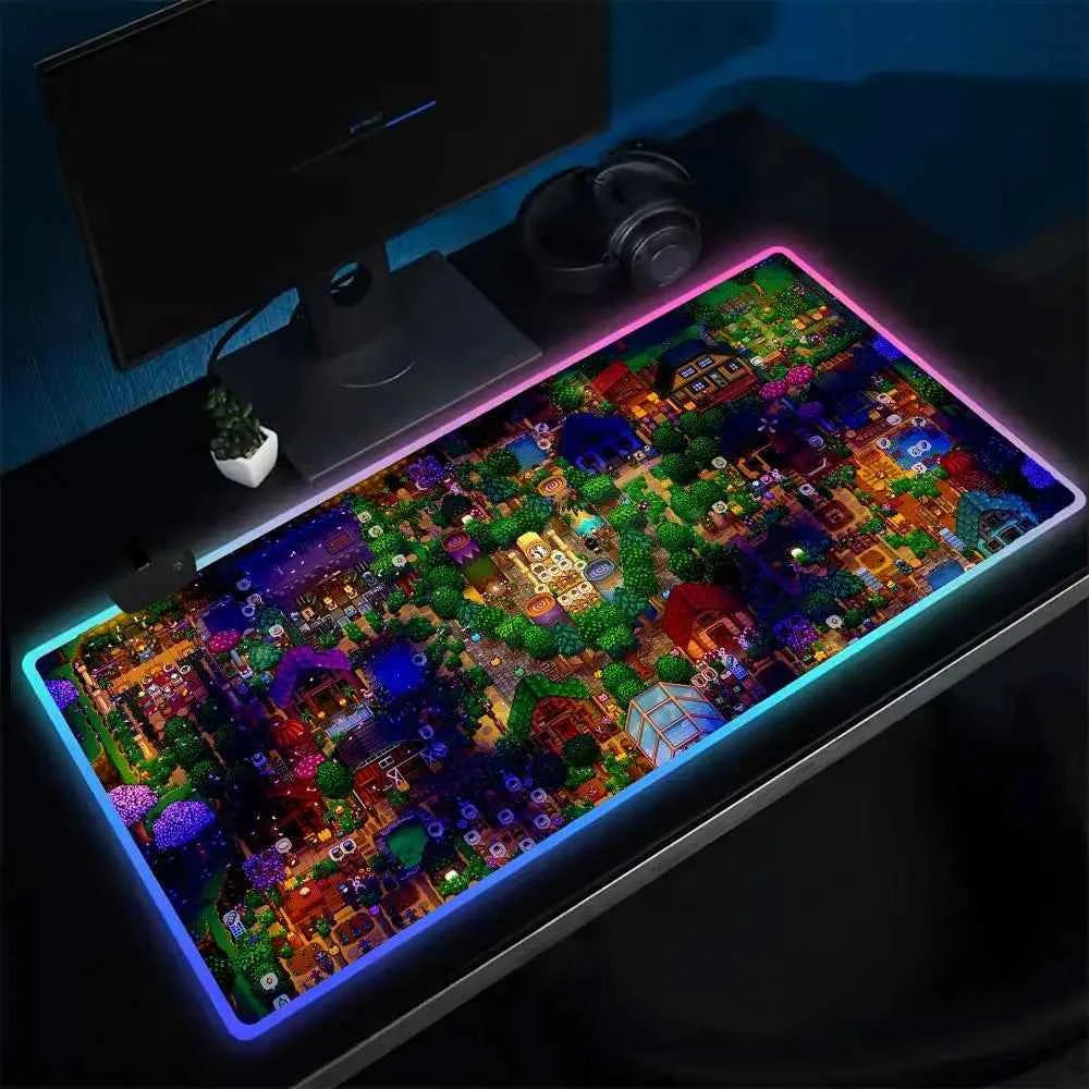 Super Farmer S-STARDEW VALLEY Mouse Pad Anime Gaming Mouse Pad LED Table Pads Backlit Rubber Desktop XXL Mousepad RGB Desk Mats