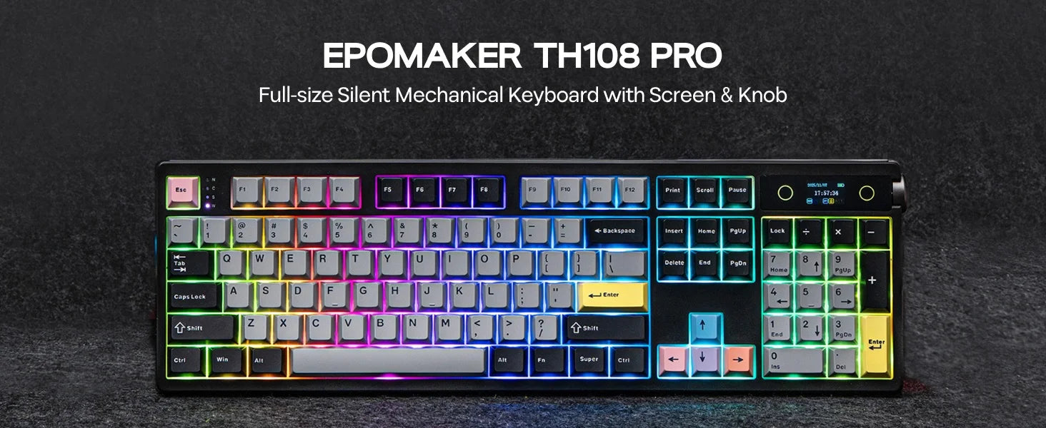 EPOMAKER TH108 PRO 100% Gasket-Mounted Tri-Mode Wireless Mechanical Keyboard RGB Backlight with TFT Smart Display & Knob