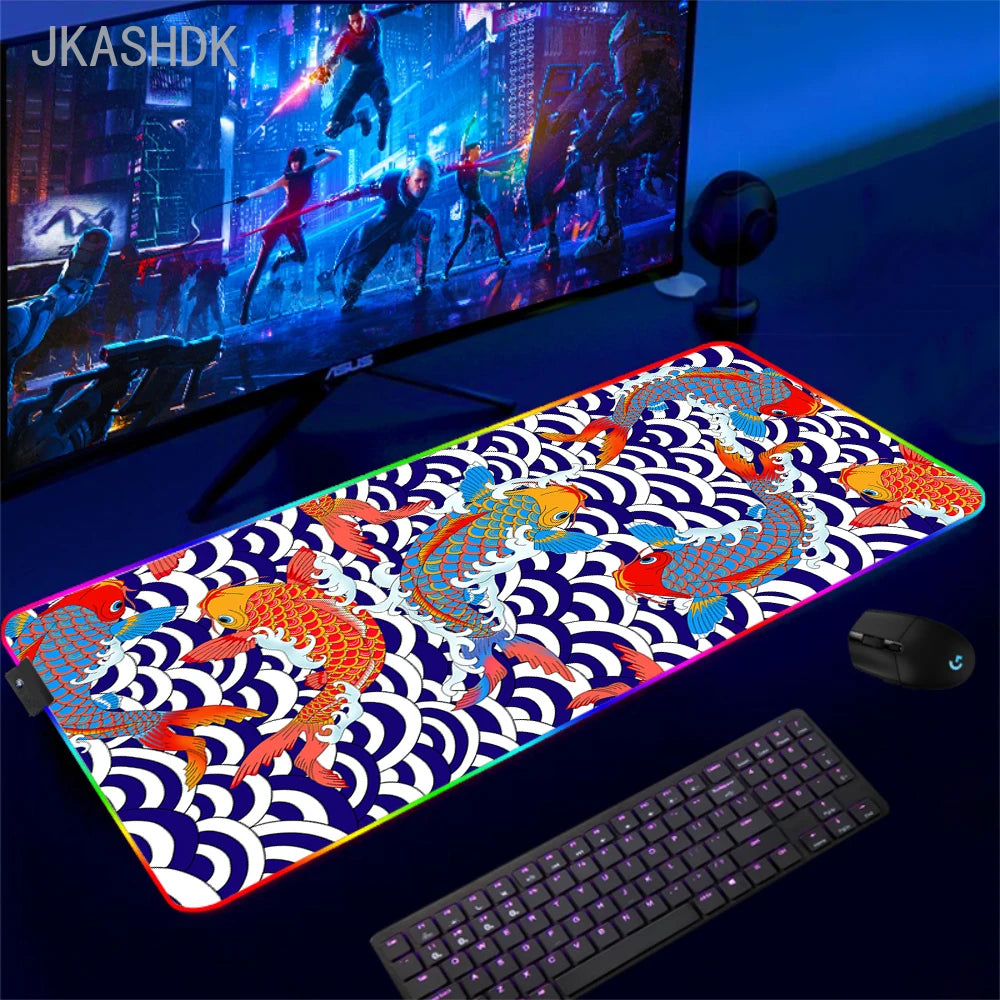 Large RGB Mouse Pad Koi Fish Gaming Mousepad LED Mouse Mat Gamer Mousepads Yin Yang Desk Pads RGB Keyboard Mause Mats XXL 100x50