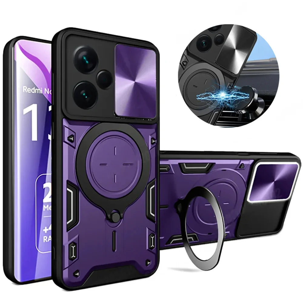 Camera Slide Protect Case For Xiaomi Redmi Note 13 12 11 10 Pro Plus Redmi Note 12S 11S 13C 12C 9 For Magnetic Ring Holder Cover