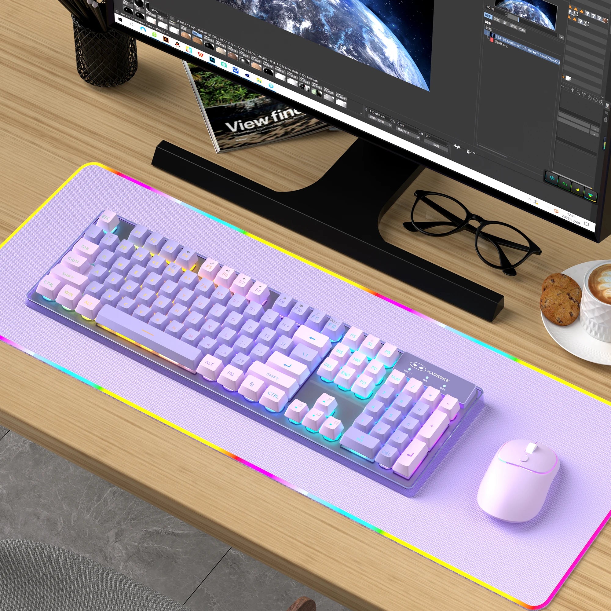 MageGee V550 Wireless Gaming Keyboard and Mouse, 2.4G Full-Sized RGB LED Computer Keyboards with Transparent Shell, Rechargeable