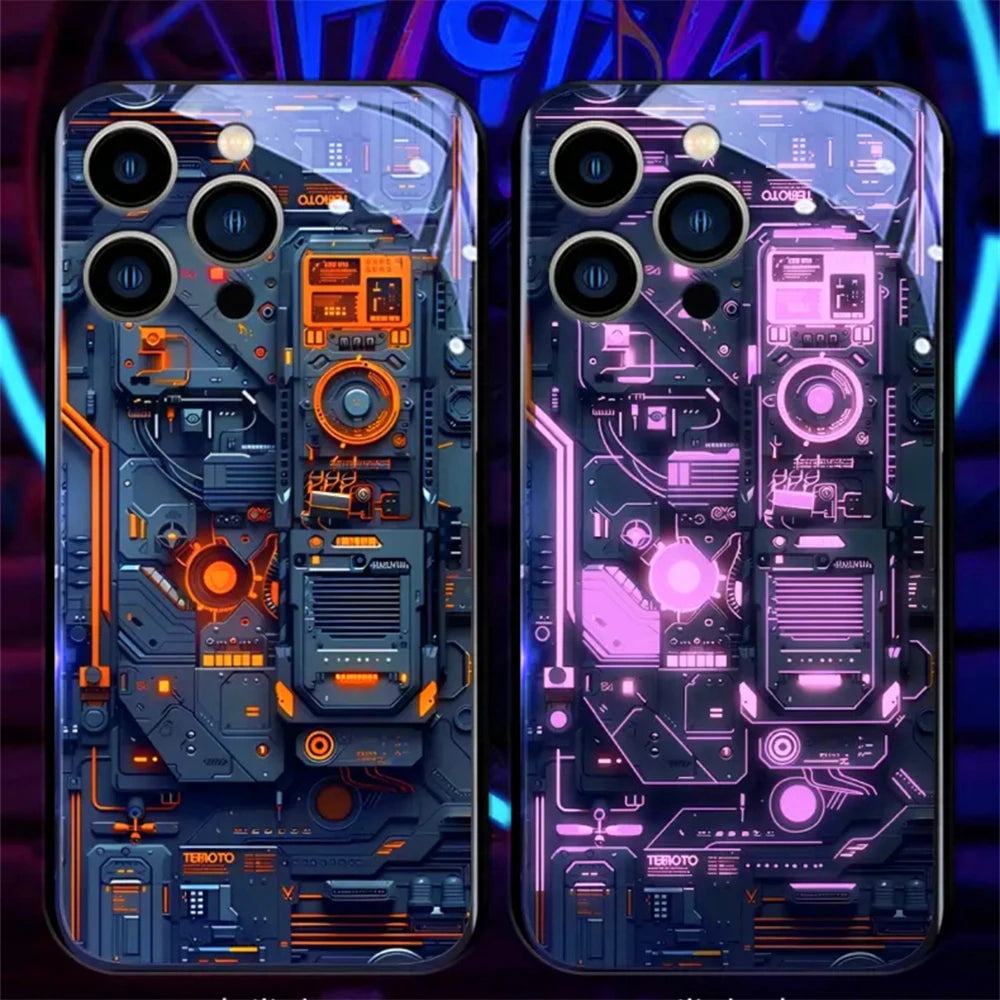 Luxury Blue Chip Pattern Luminous Glass LED Call Light Up Flash Phone Case Cover For iPhone Air 17 16 E 15 14 13 12 Pro Max Plus