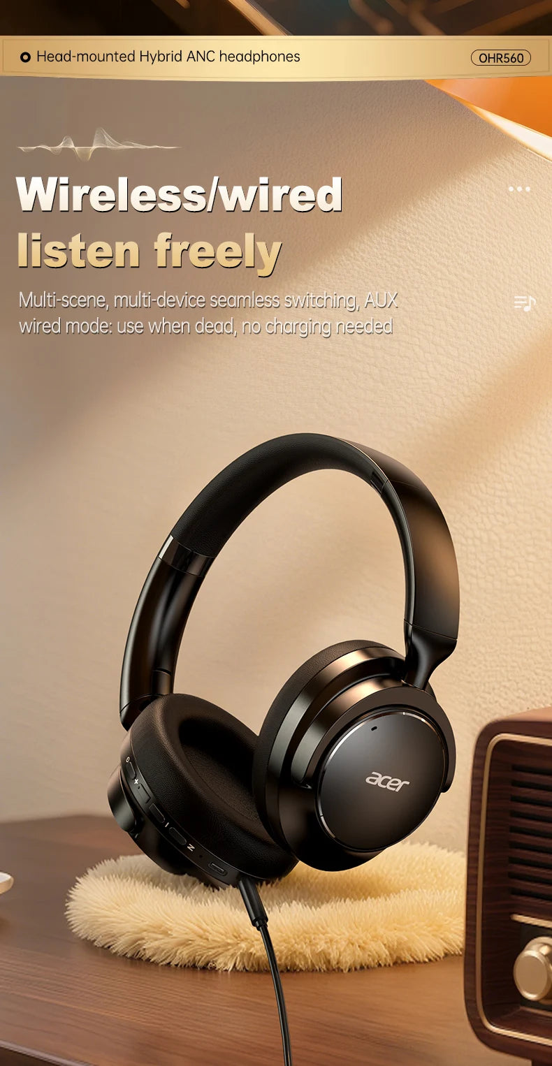 Acer Ohr560 Wireless Bluetooth Headset, Full-Ear Foldable Headphones with Built-In Microphone, Stereo Sound, Active Noise Reduction, Compatible with 3.5mm Audio Cable, Suitable for Work, Travel, and Gaming