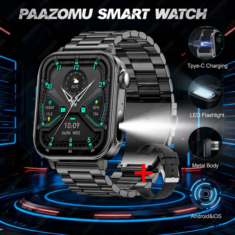 2025 New Smart Watch Men Women Type-C Charging Heart Rate LED Flashlight Bluetooth Call IP68 Waterproof SmartWatch for Android