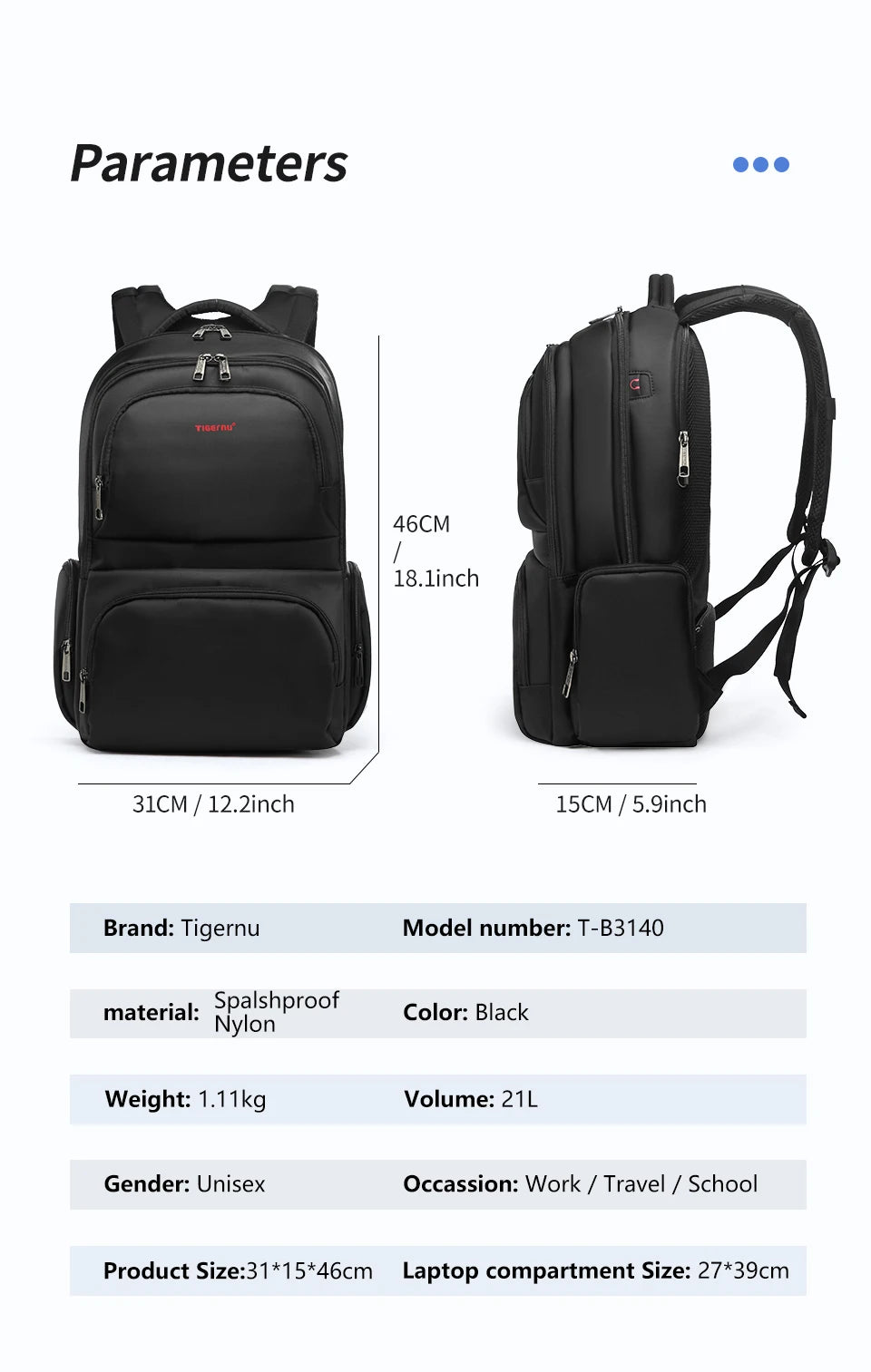 Tigernu Brand Nylon Waterproof Anti theft 15.6