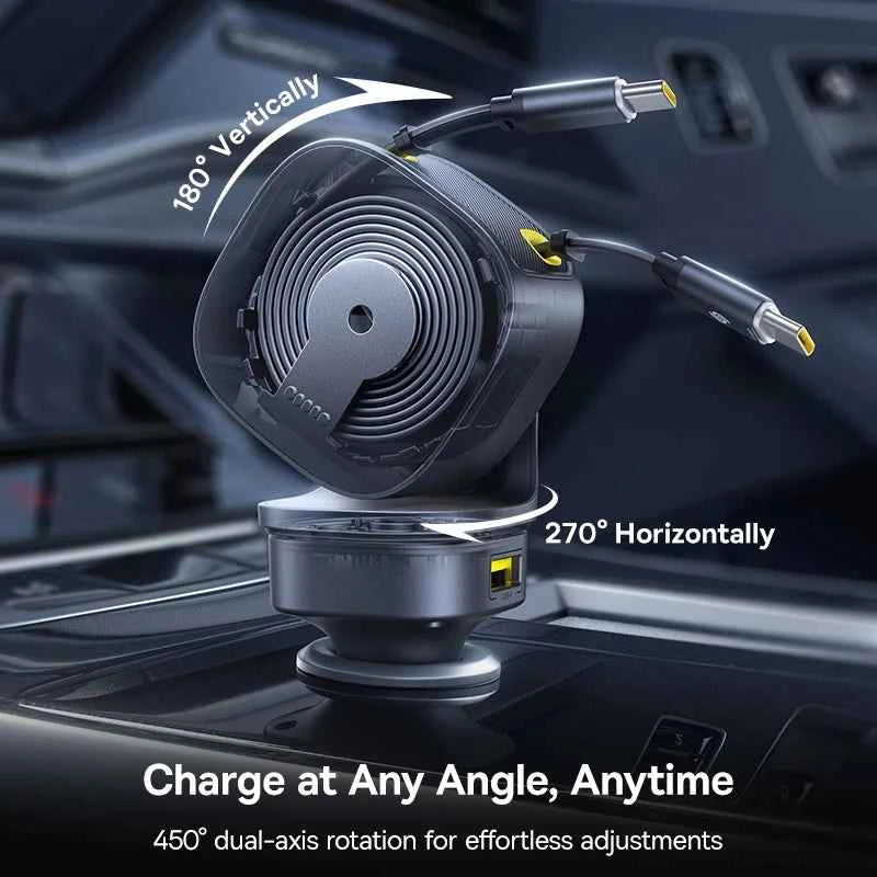 Baseus 100W Car Charger PD QC Fast Charging Dual Type-C Retractable Cable 4 ports 450°Rotation For Laptop Tablet iPhone Samsung
