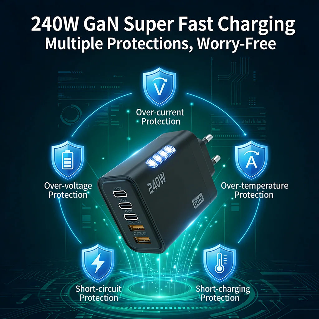 240W GaN Charger 5-in-1 3USB-C PD and 2USB-A QC3.0 Fast Charging for iPhone 16 17 Samsung S25 S24 Xiaomi 15 16 17 Huawei Mate