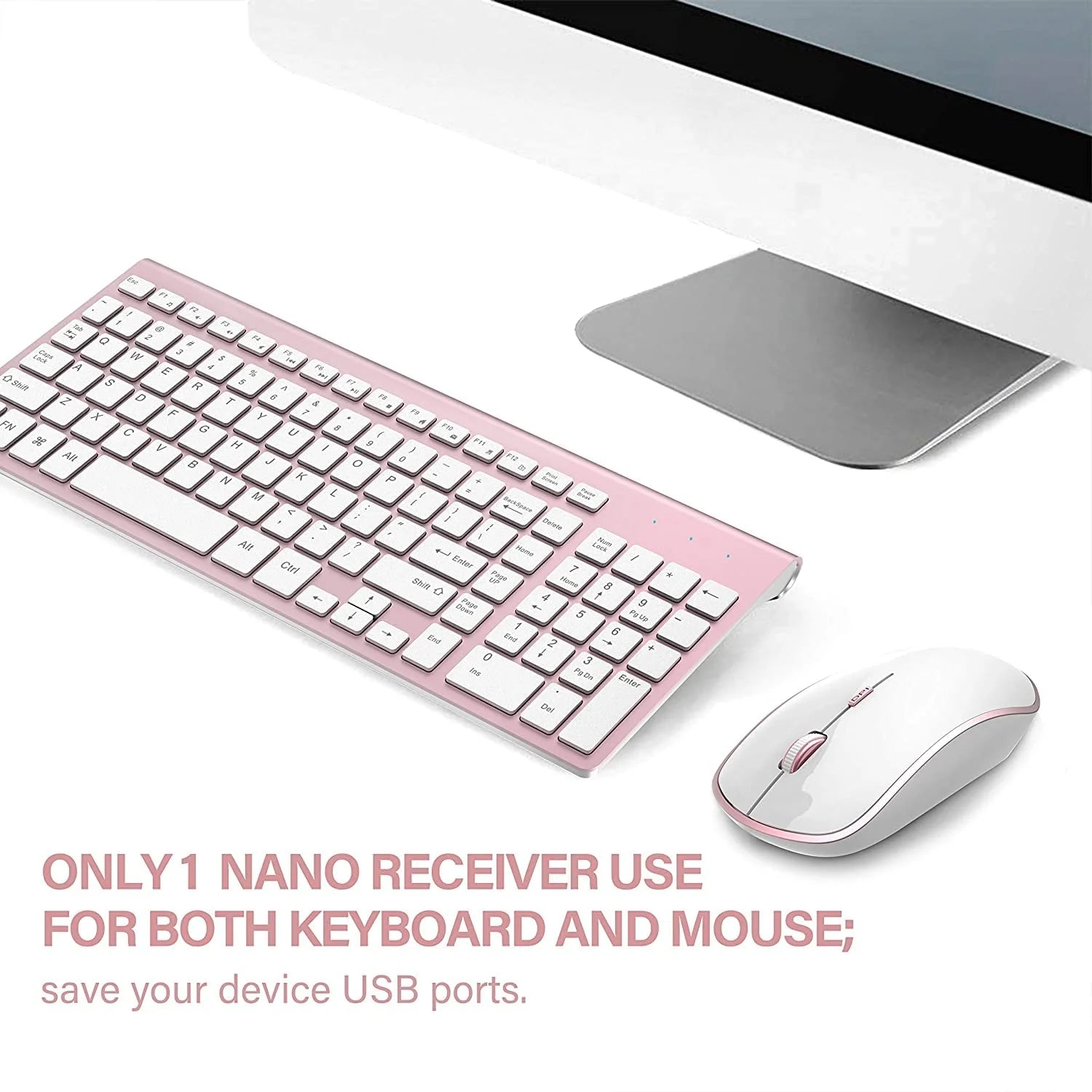 Wireless Keyboard Mouse Combo,U.S. Layout,2.4G USB Compact and Convenient, Slim, Portable Ergonomic, Silver White