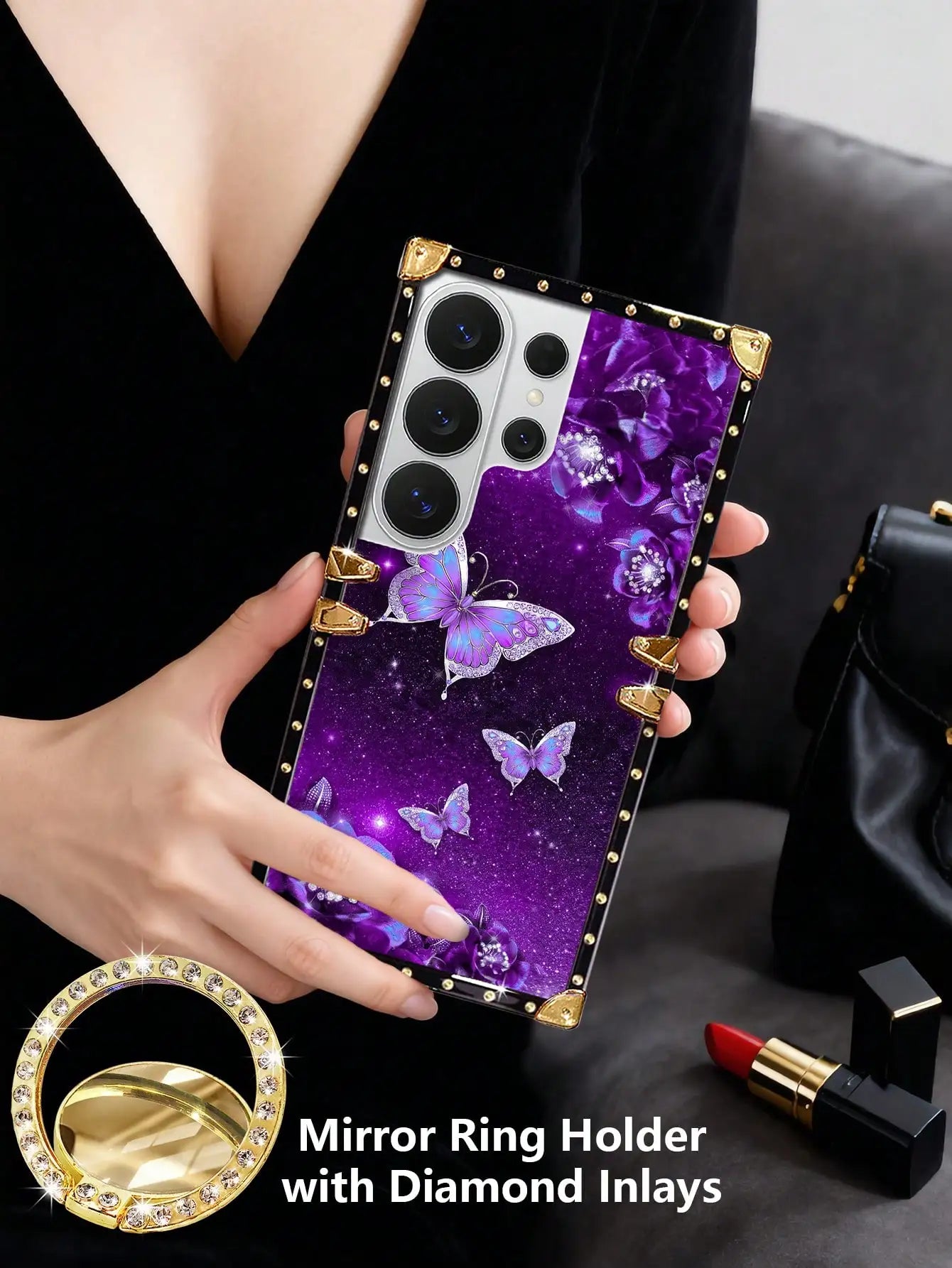 1pc Non-3D Pattern, 2D Rectangular Sheep Leather Texture Rhinestone Butterfly & Floral Contrast Color Edging Shockproof Phone Case, Compatible With Samsung S26 Ultra/S26/S26 Plus/A57 5G/A37 5G And 17 Pro Max/17 Air/14 Pro Max