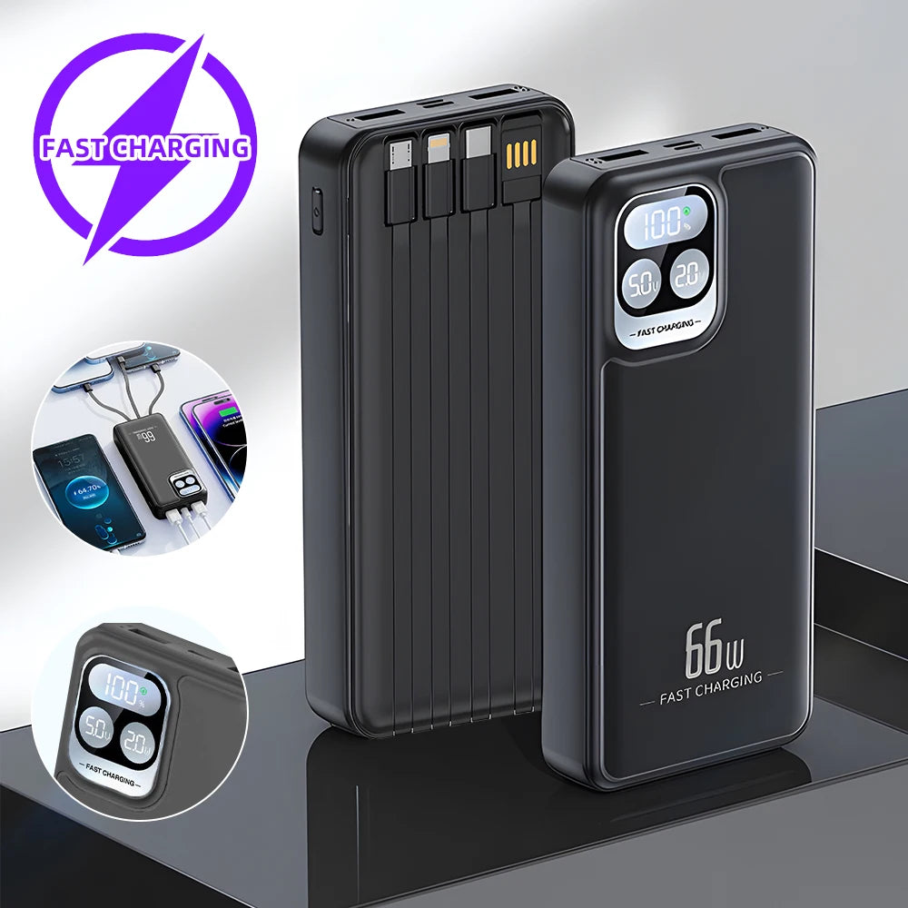 66W Fast Charging Power Bank Built-in 4 Cables LED Digital Display Portable PD20W External Battery Pack Polymer Safe Powerbank for iPhone Android Phones
