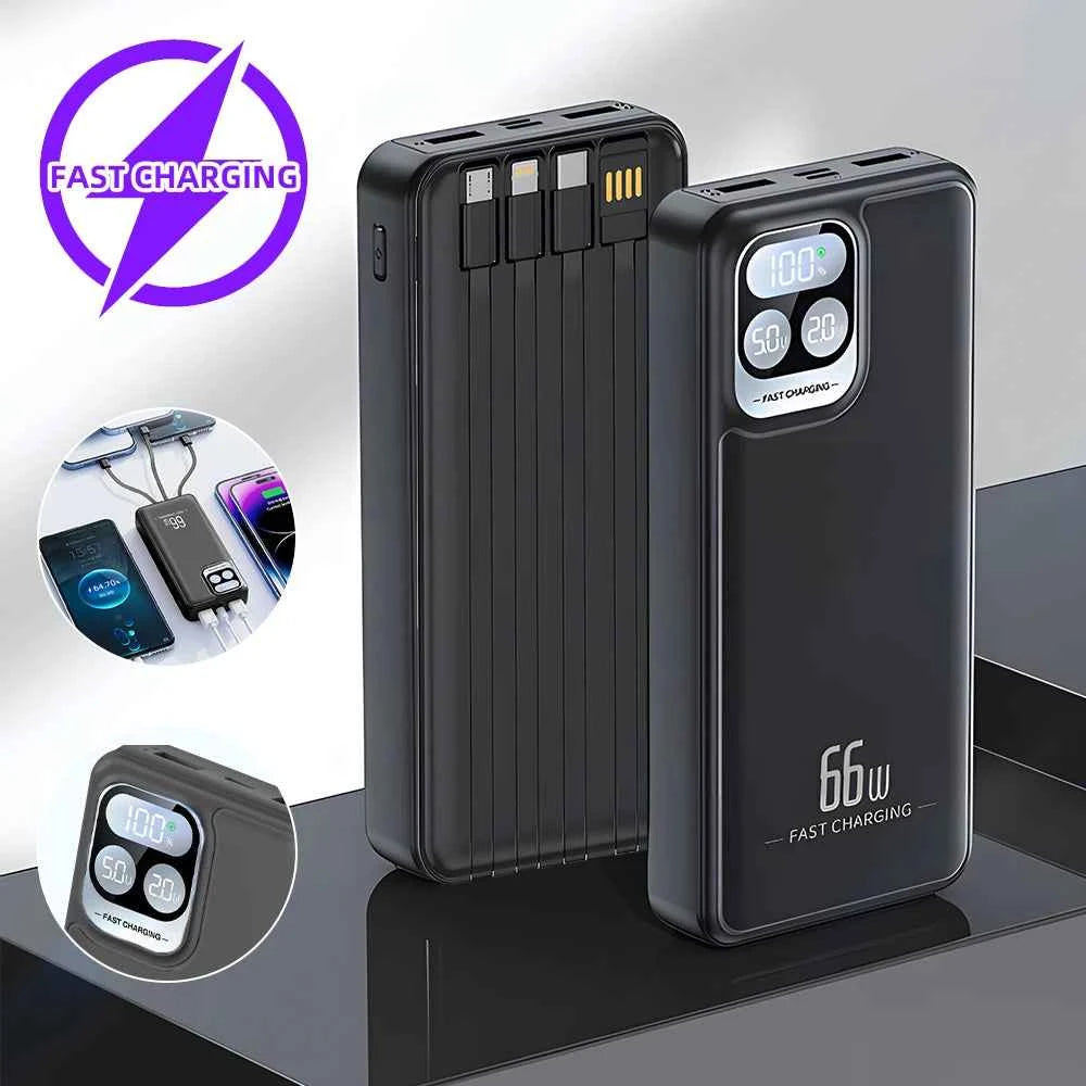66W Fast Charging Power Bank Built-in 4 Cables LED Digital Display Portable PD20W External Battery Pack Polymer Safe Powerbank for iPhone Android Phones