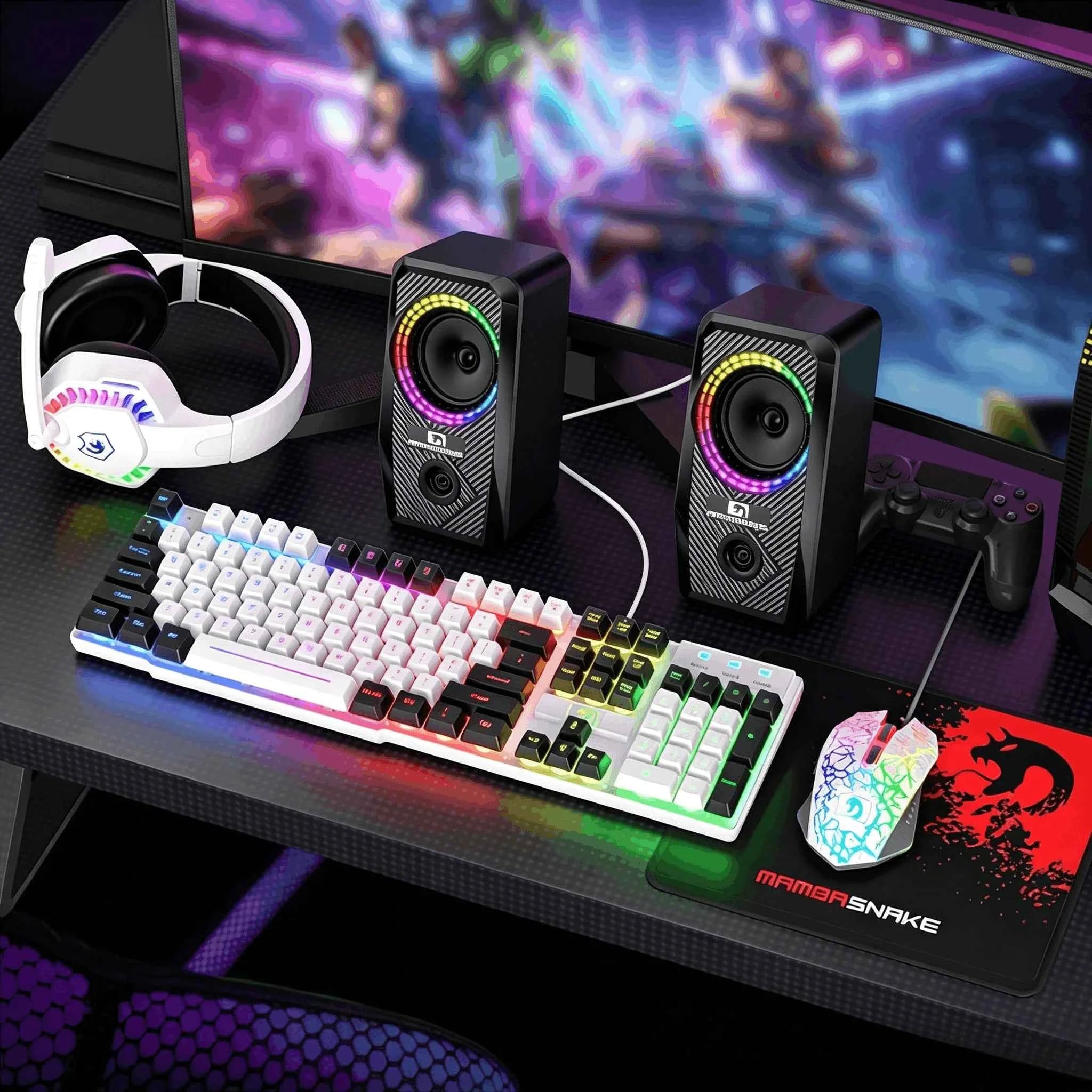 MAMBASNAKE T11 5-IN-1 Wired Rainbow LED Backlit Keyboard and Mouse, Over Ear Headphone with Mic, Gaming Mice and Pad, Speaker