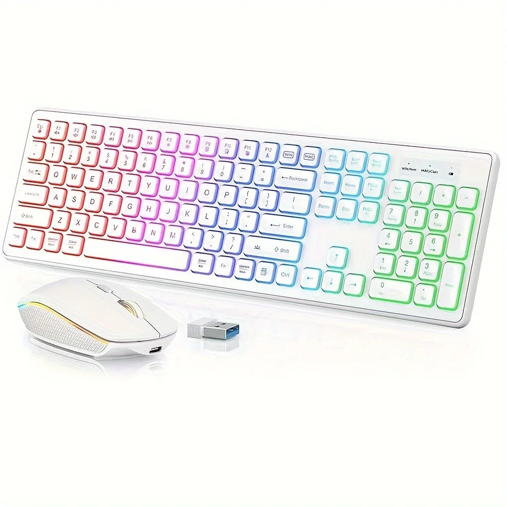 Jomaa 2.4G USB Wireless Keyboard and Mouse Combo Backlit Rechargeable Wireless Keyboard Set USB Cordless Combo for Computer M.c