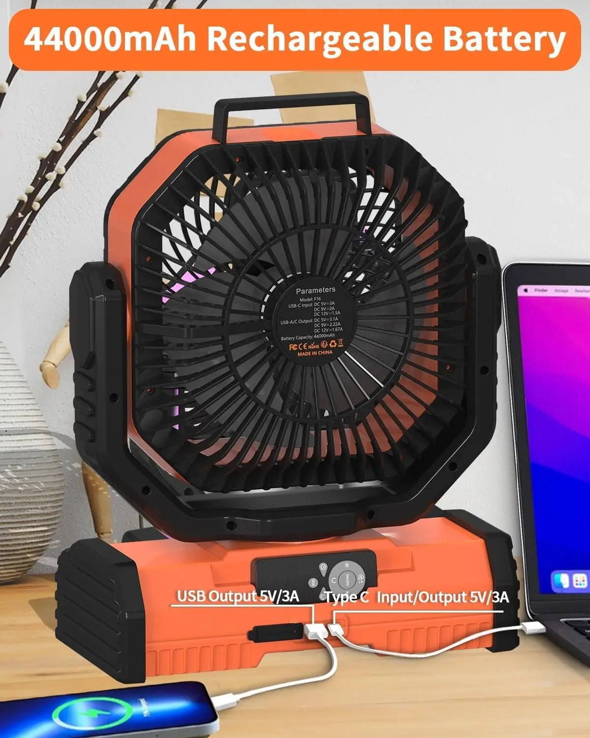 Gobortone 12 Inch 40000Mah Ventilador Recargable Camping Battery Operated Powered Fan with LED Lantern Light Cordless USB Desk