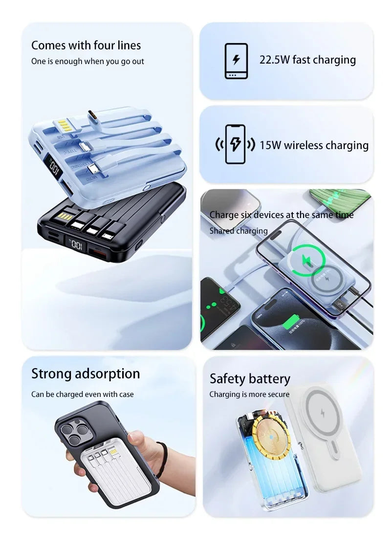 20000mAh Portable Fast Charger Magnetic Wireless Power Bank with Cable Stand External Battery for iPhone Samsung Xiaomi Magsafe