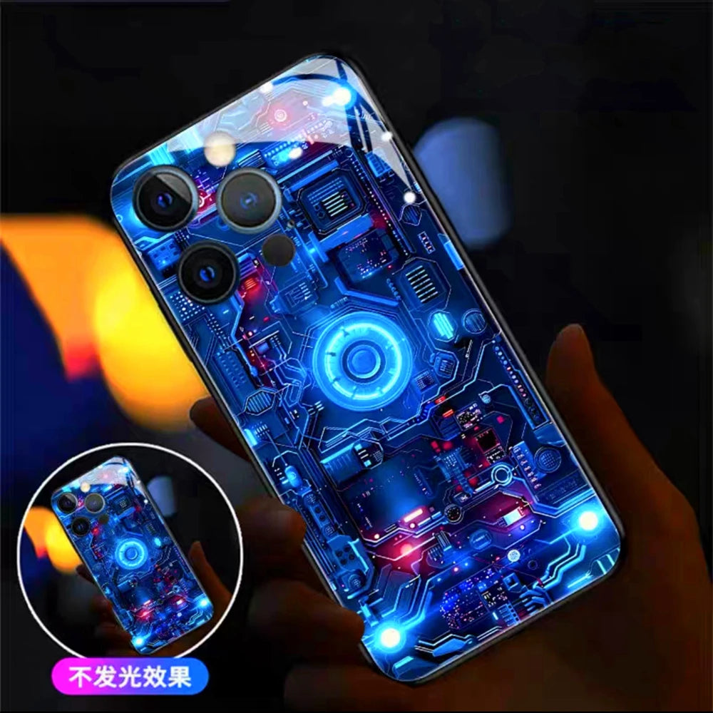 Luxury Blue Chip Pattern Luminous Glass LED Call Light Up Flash Phone Case Cover For iPhone Air 17 16 E 15 14 13 12 Pro Max Plus