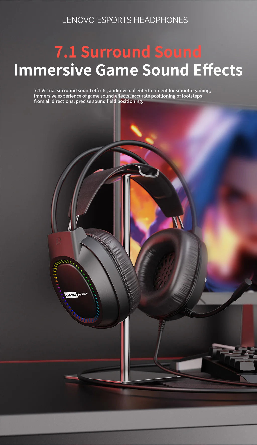 Lenovo Over-Ear Headphones with Microphone, Gaming Headphones, Rgb Lighting, Cool Colorful Lights, Suitable for Desktop and Laptop Computers, Comfortable, Sound-Isolating, and Noise-Cancelling