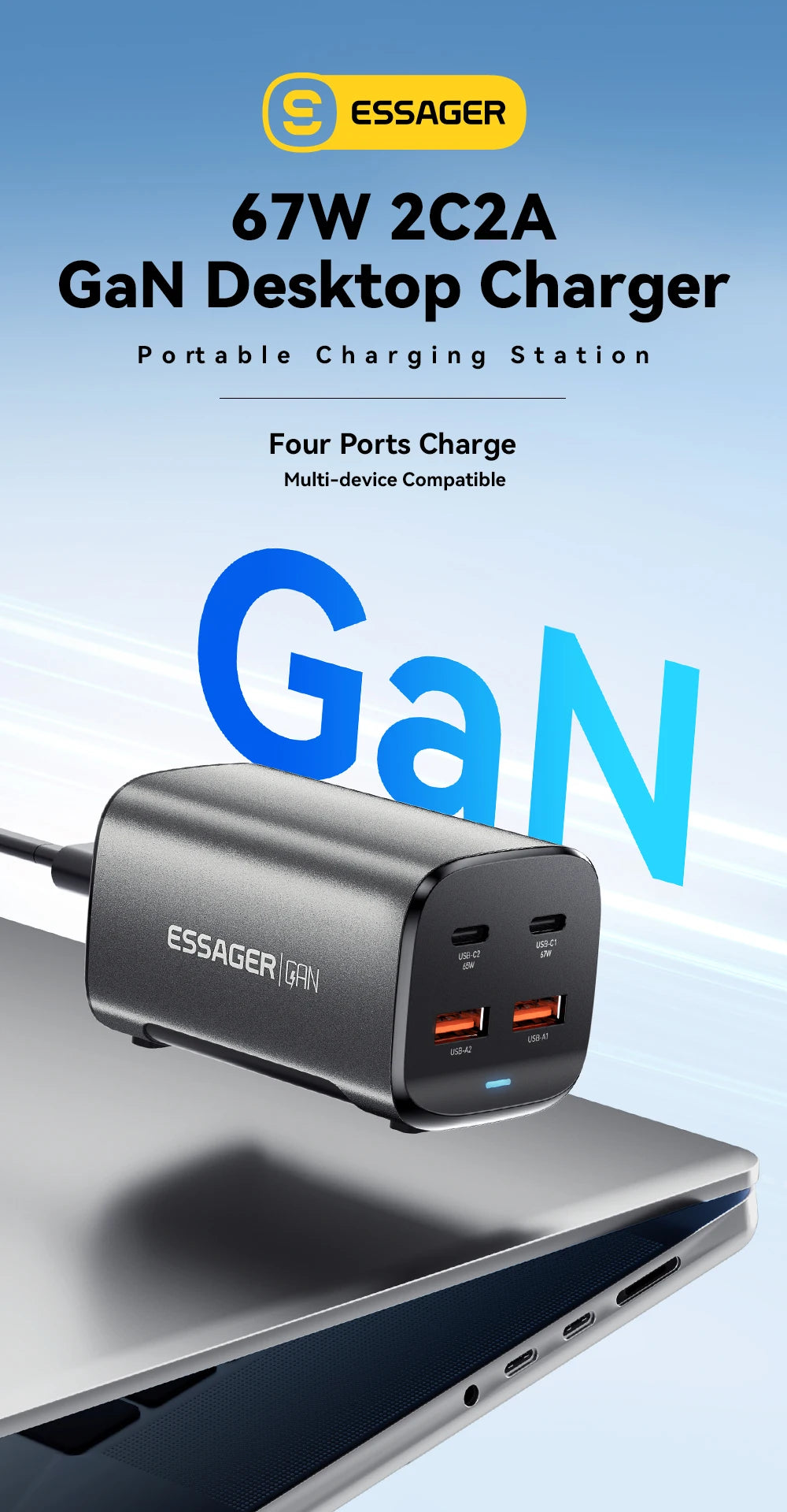 Essager 67W USB C GaN Charger Desktop Quick Charge 4.0 QC 3.0 PD Type C Fast Charging For MacBook Samsung POPC iPhone 15 Laptop