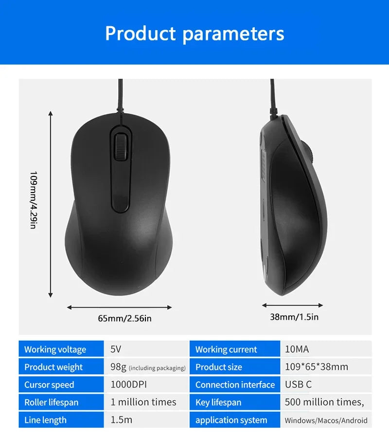Lenovo Wired Mouse Type-C Plug Ergonomic Design Tablet Notebook Office Optical Silent Mouse For PC Android IOS