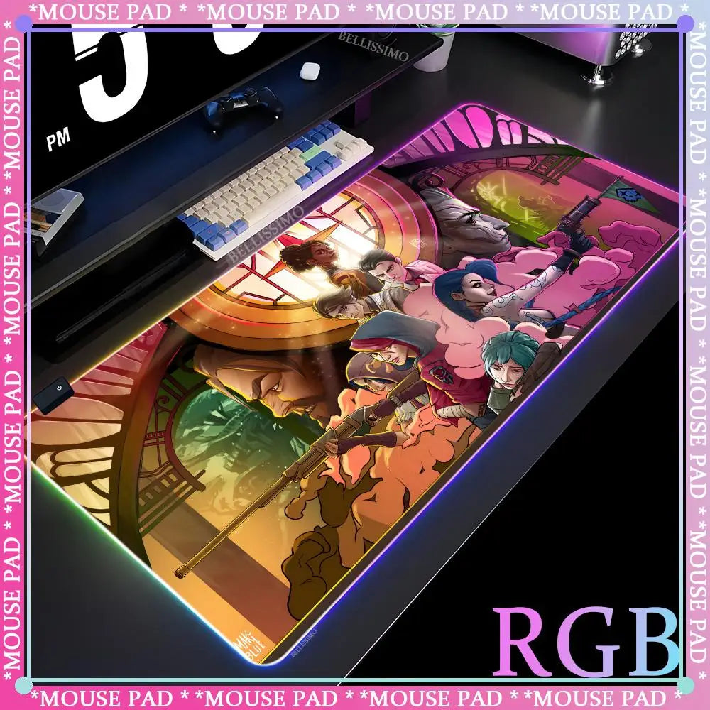 RGB League of Legends MousePad Gamer Jinx Anime Girl LED Game Accessories Keyboard Pad Large Desk mats Rubber Luminous Mouse Pad