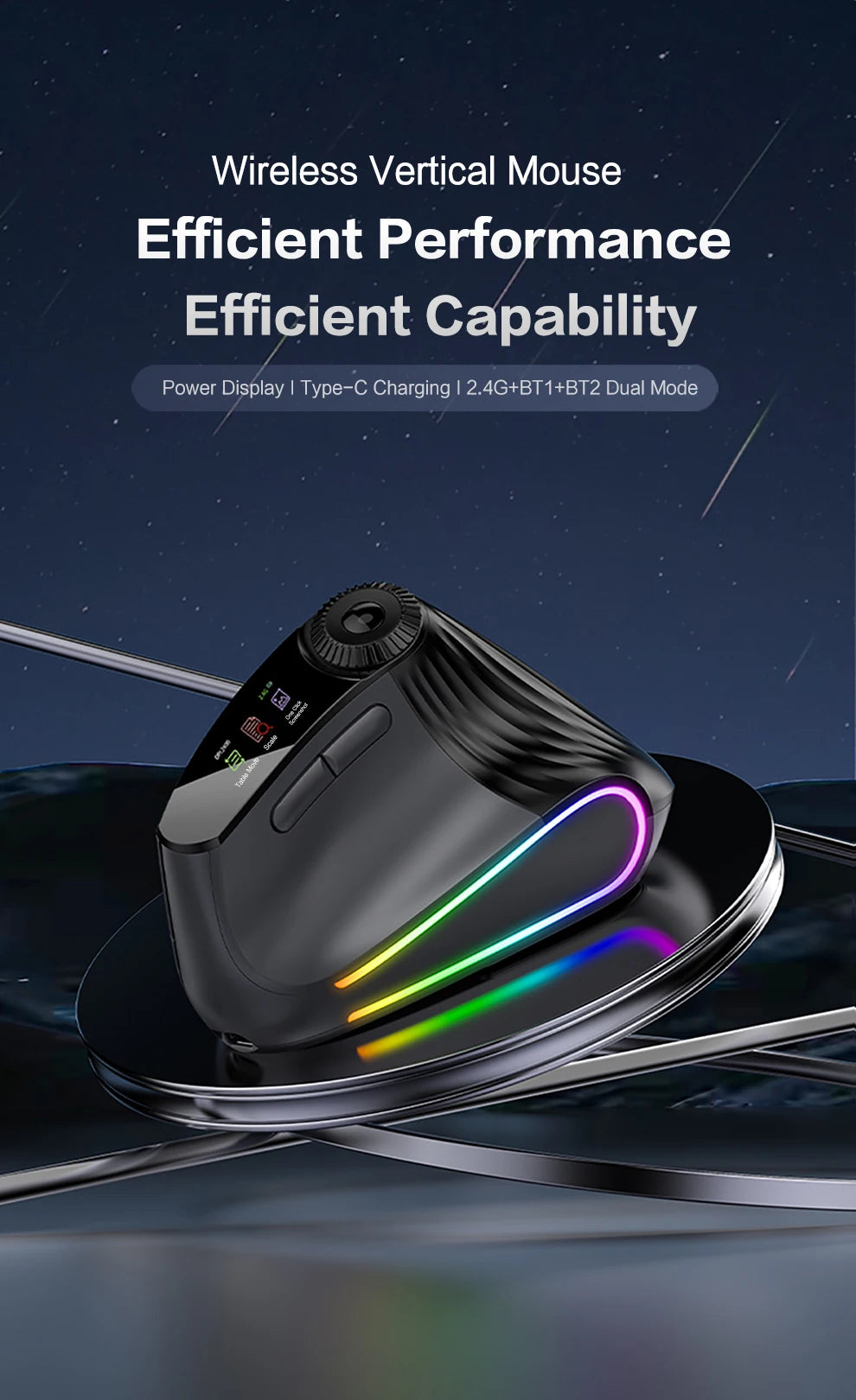 JOMAA Backlit Bluetooth Wireless Vertical Mouse With OLED Screen Rechargeable USB Wired Gaming Mouse 24000DPI Speed Roller