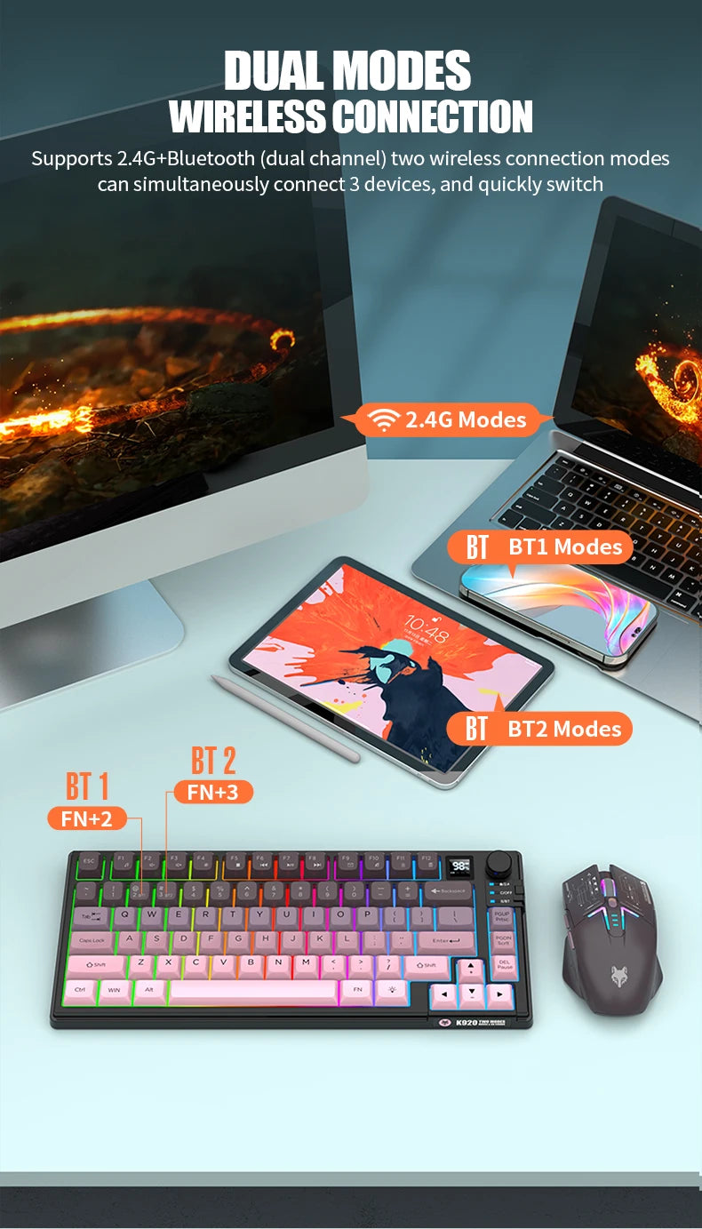 New Dual-Mode 80 Keys Wireless Gaming Keyboard Combo,2.4G/BT5.1 Keyboard Mouse Set With Rainbow-light RGB For PC Office Gaming