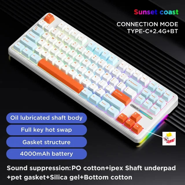 AULA F87 Pro Mechanical Keyboard 2.4g/Usb/Bluetooth Tri Mode Wireless 87 Key Rgb Pbt Gasket 5 Layer Silencing Full Key No Impact - WinSupport Tech
