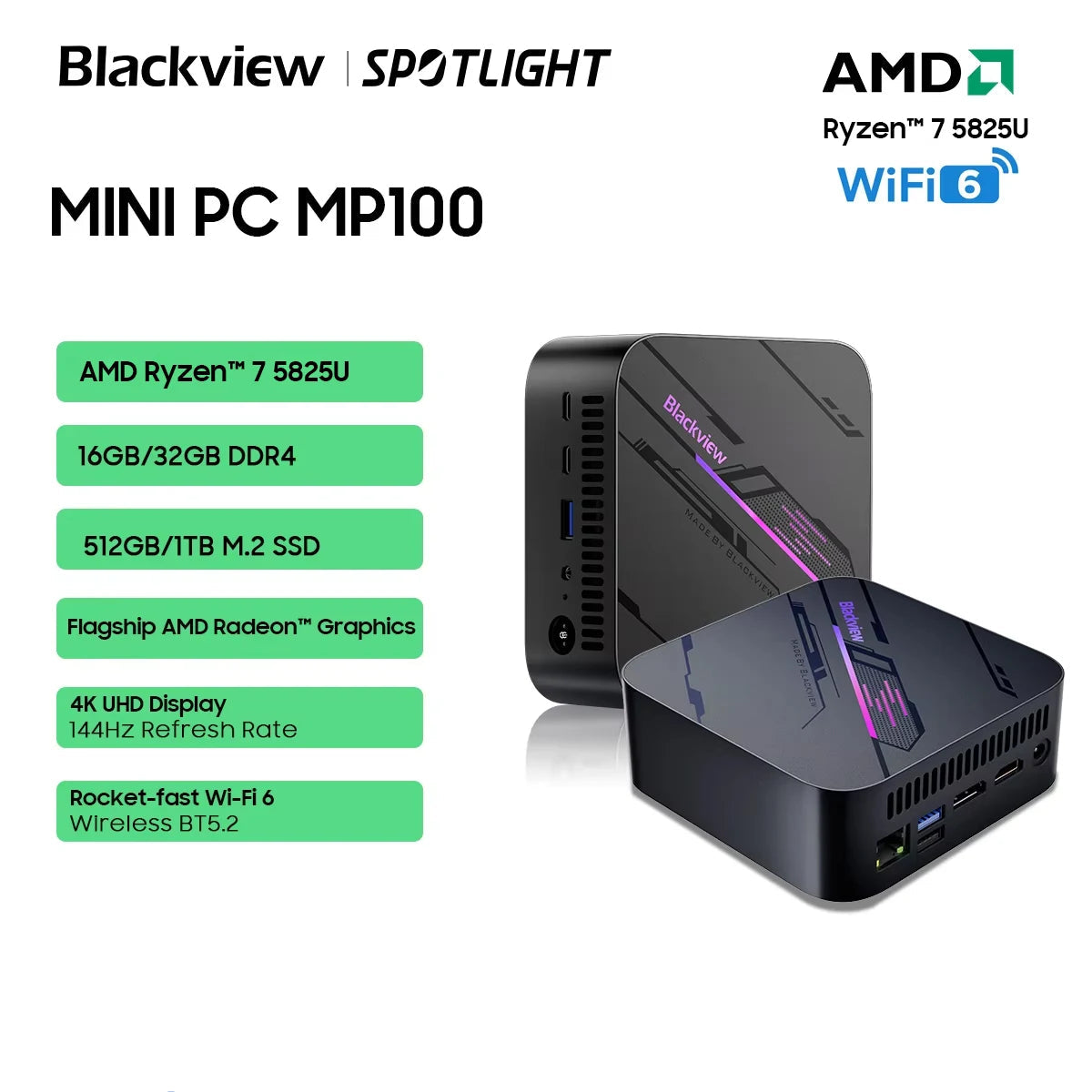 Blackview Mini PC MP100 AMD R7 5825U Mini PC 8-Core 16-thread 16GB /32GB DDR4 512GB/1TB SSD Mini Computer PC - WinSupport Tech