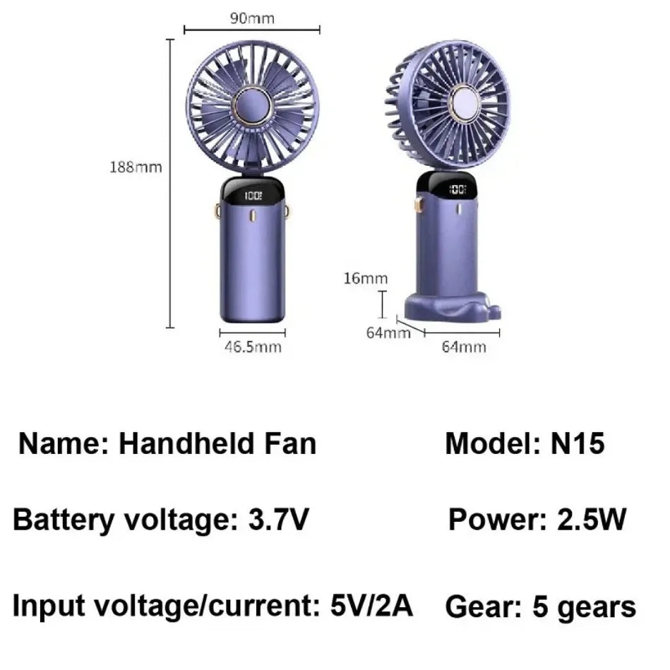 Folding Fan with Phone Stand, 5-Speed USB-C Rechargeable, LED Display Handheld & Desk Fan, Portable Fan for Outdoor Travel Gift