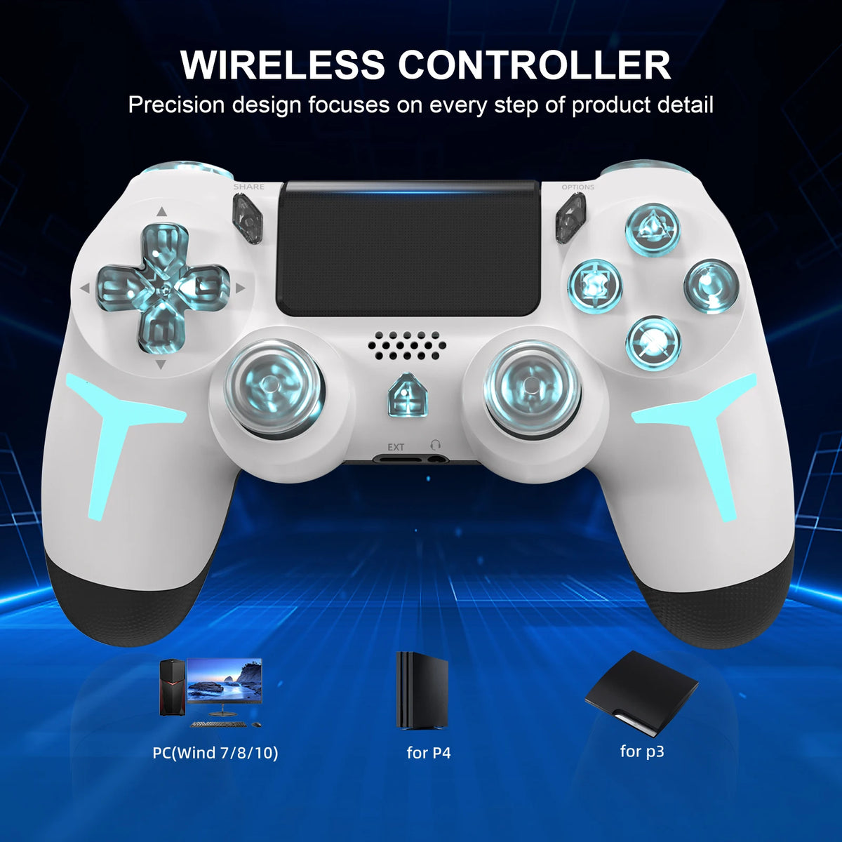 GAMINJA Wireless Game Controller For PS4 PS3 Console Computer PC RGB Light LED Bluetooth Gamepad 6-axis Gyroscope Dual Vibration