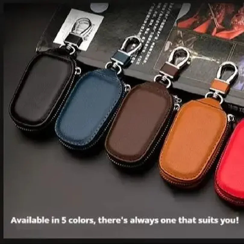 Genuine Cowhide Car Key Case Universal Zipper Leather Key Holder Portable Waist Hanging Auto Remote Fob Key Bag