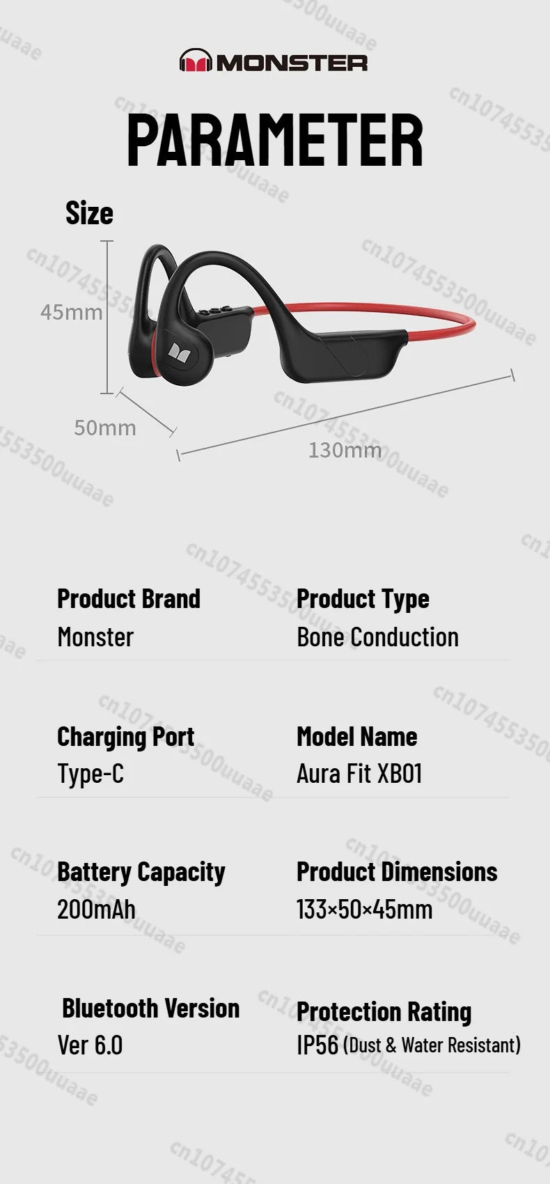 Monster XB01 Bone Conduction Bluetooth 6.0 Headphone HiFi Stereo Wireless Earphones IP56 Dust/Water Resistance Sports Earhook