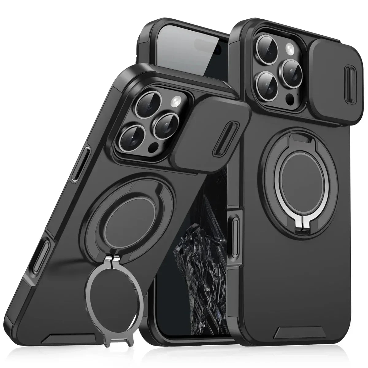 Armor Magnetic Bracket Case for iPhone 16e 16 14 13 12 11 15 Pro Max Plus With Lanyard Slide Camera Protection Shockproof Cover